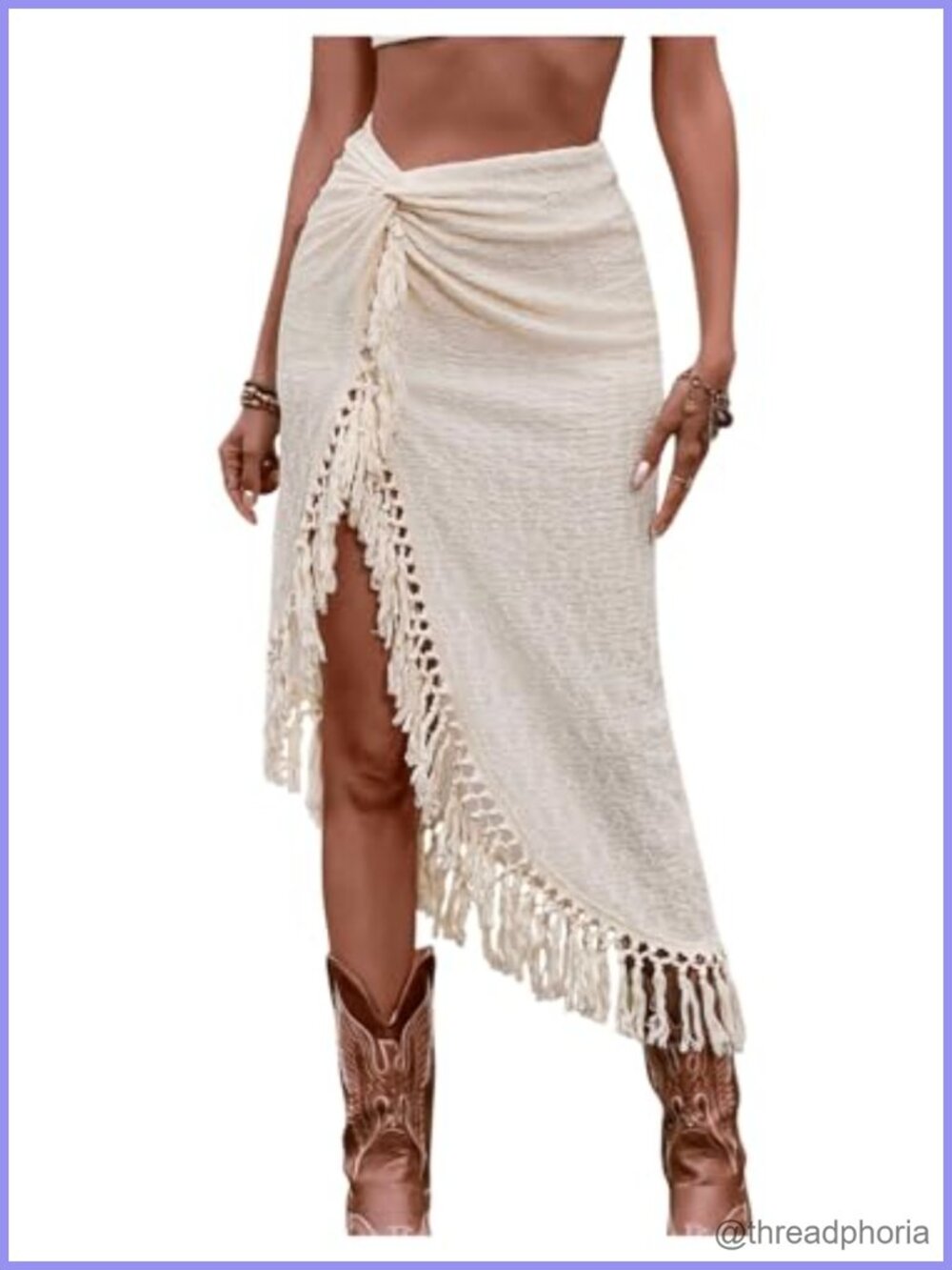 Women's Twist Front High Slit Boho Fringe Tassel Midi Skirt Asymmetrical